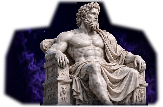 Marble Hercules seated on his throne with both hands resting on the armrests.